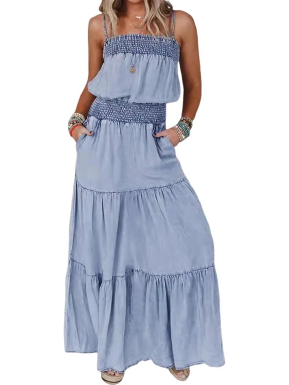 Boho Summer Beach Denim Dress - Smocked Sleeveless Tiered Ruffle Sundress